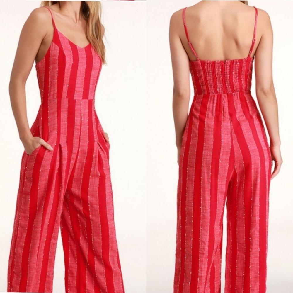 Lulu's Red & Pink Striped Sleeveless Jumpsuit